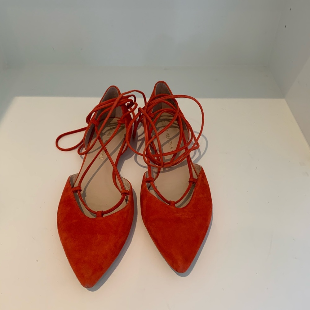 Poppy red Stuart weitzman suede lace up flats